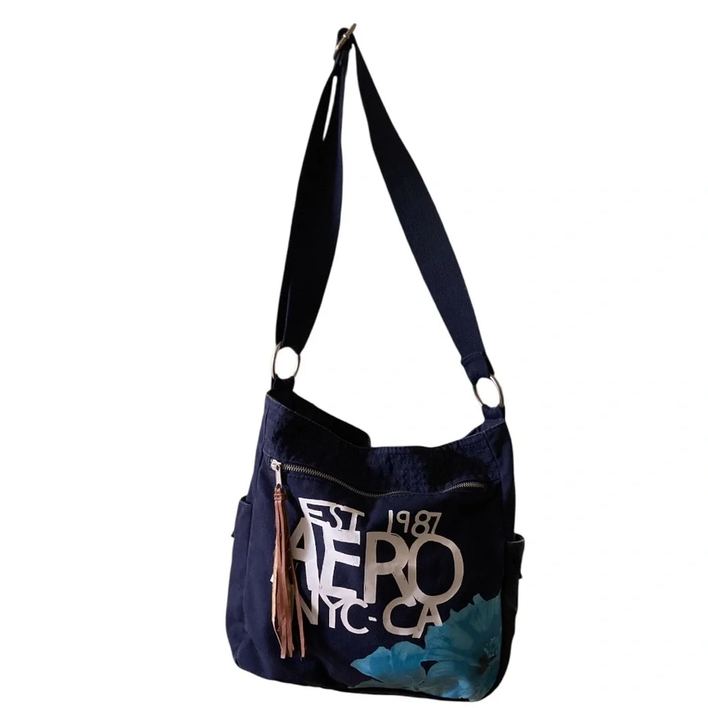 Aeropostale Blue Canvas with Beautiful Tropical Flower Tote Bag EUC